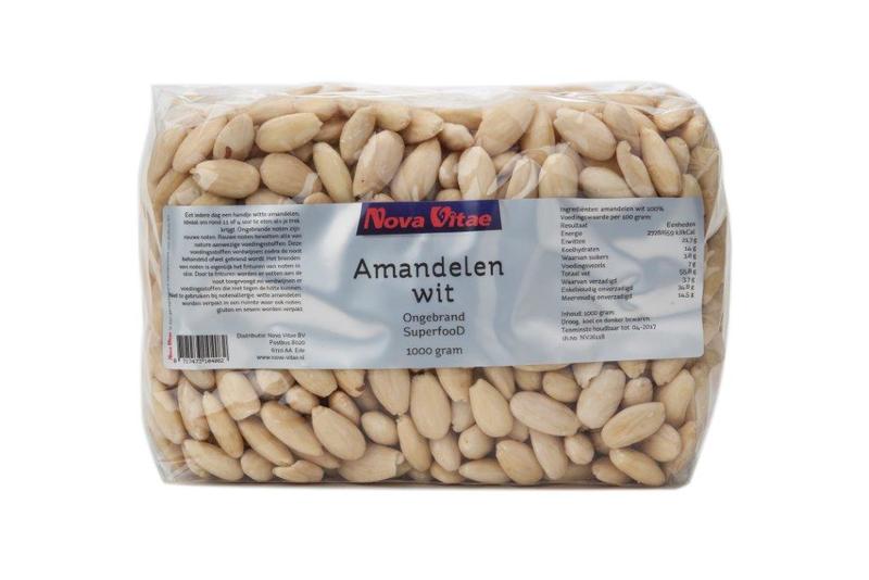 Amandelen wit ongebrand raw 1000 gram Nova Vitae